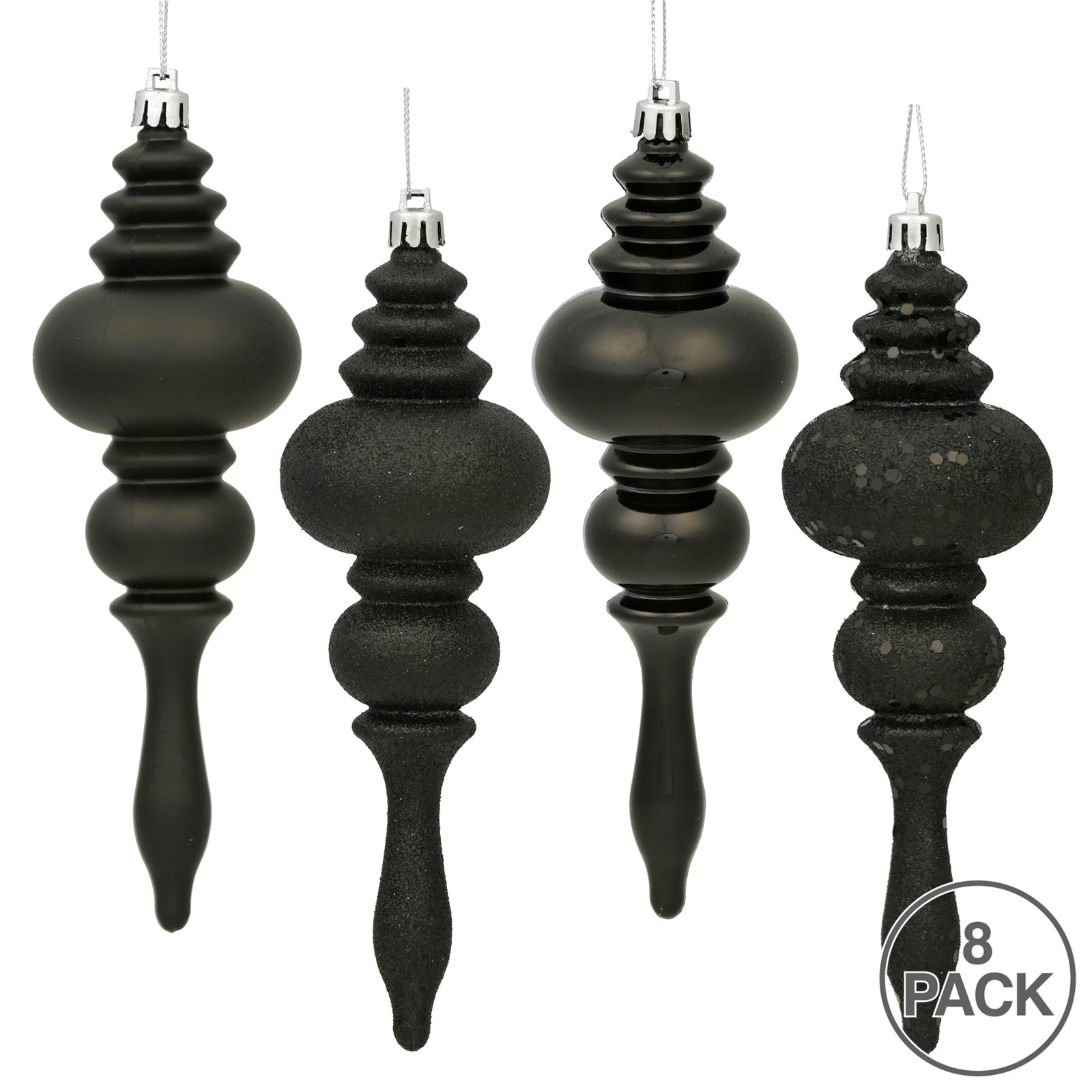 7" Finial Ornament 8/Pk, Black