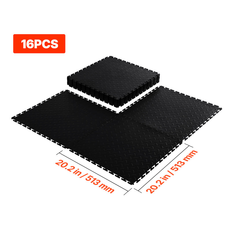 Carreaux de sol de garage à emboîtement, carreaux de garage modulaires emboîtables de 20,2 x 20,2 x 0,2 po, tapis en PVC antidérapant à motif de losanges pour atelier, entrepôt, salle d'outils, noir