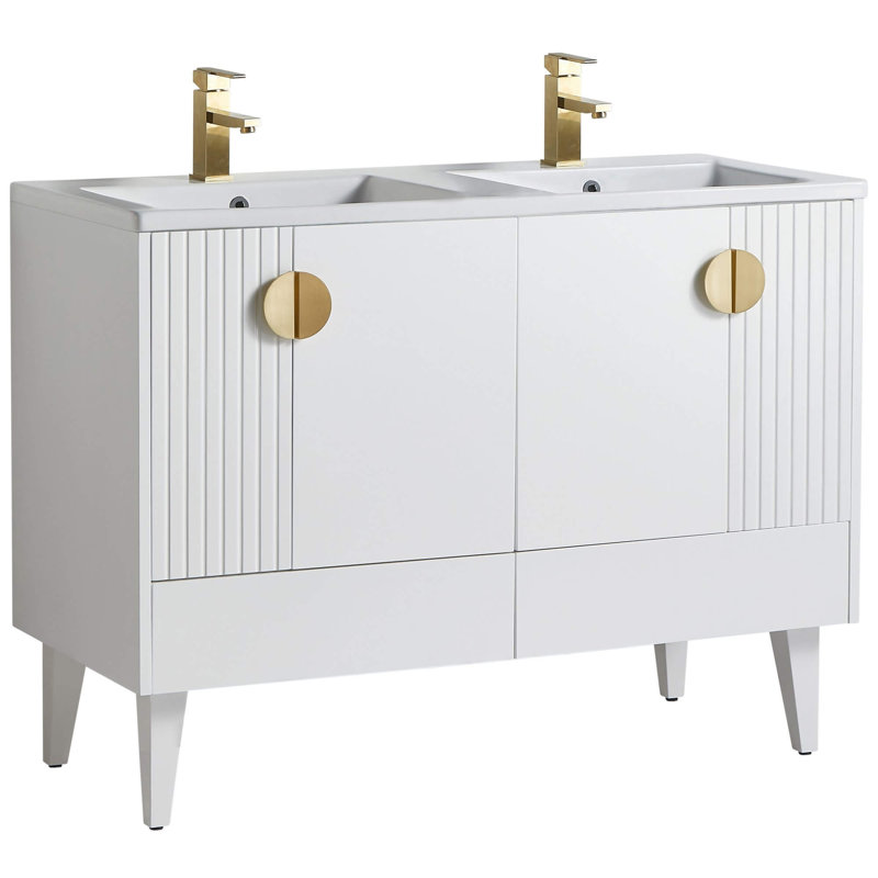 Ensemble de meuble-lavabo double 47 po Saimah, Blanc mat, Laiton satiné