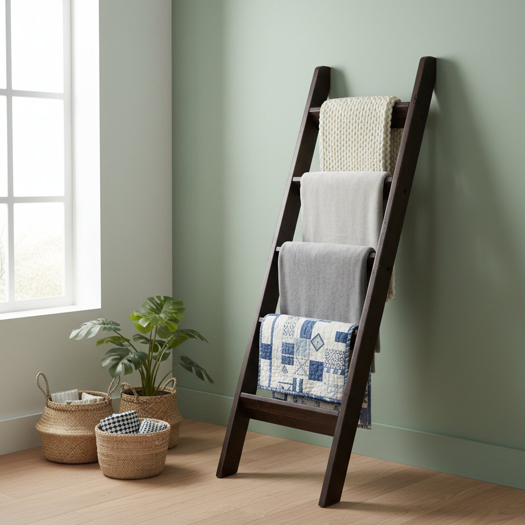 Gracie Oaks Black, Wooden Shelf, Heavy-Duty, Rug Ladder, Rustic ...