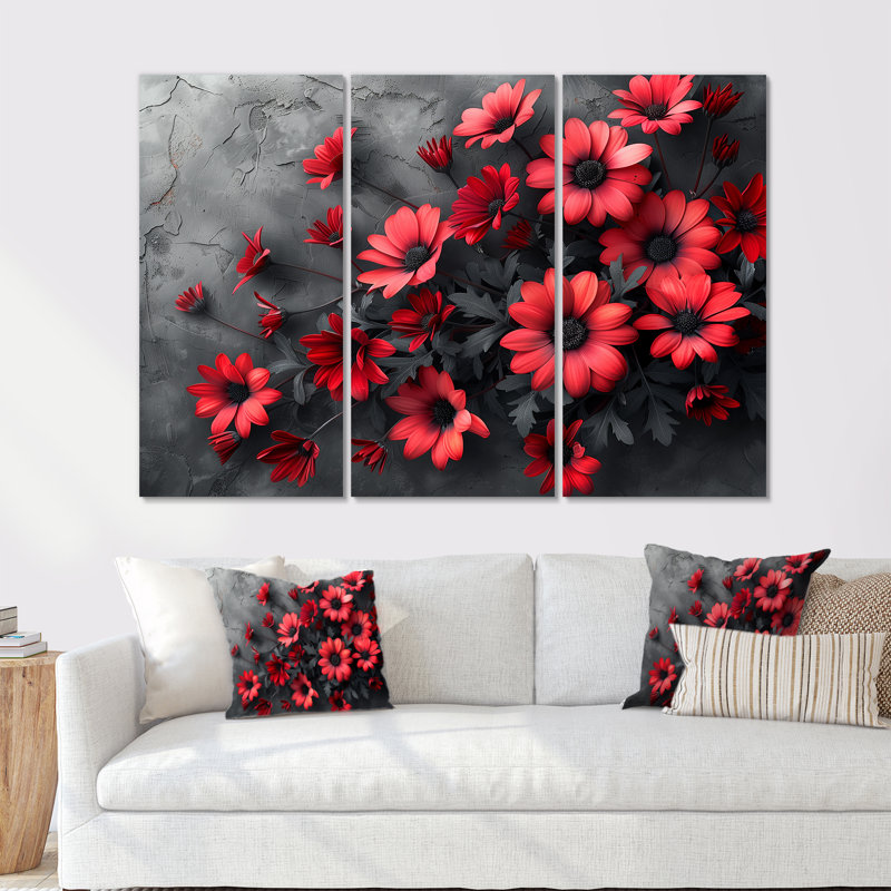 Monochromes rouges et noires marguerites photo III - marguerites ensemble d'art mural, Toile tendue