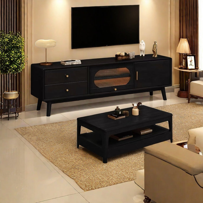 Table basse en bois massif avec meuble télé et grand casier