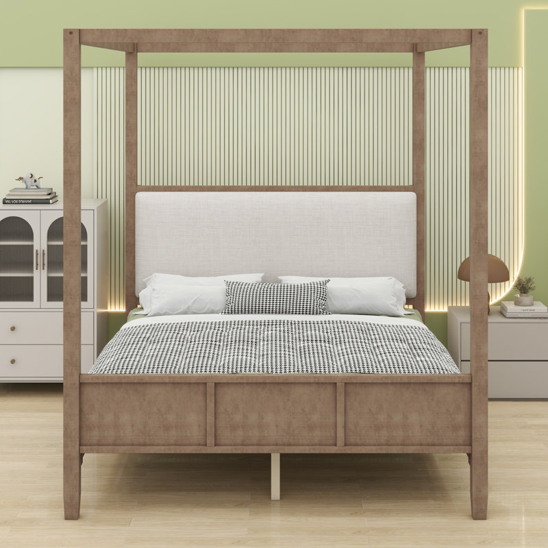 Lit à baldaquin en bois classique avec tête de lit rembourrée et plateforme, Natural Walnut