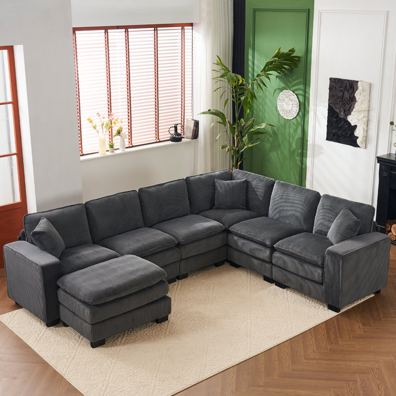 118.1 '' U-shaped 6-seater Sectional Couch Sofa With Ottoman, Corduroy Large-sized Modular Sectional Couch, Gray Corduroy