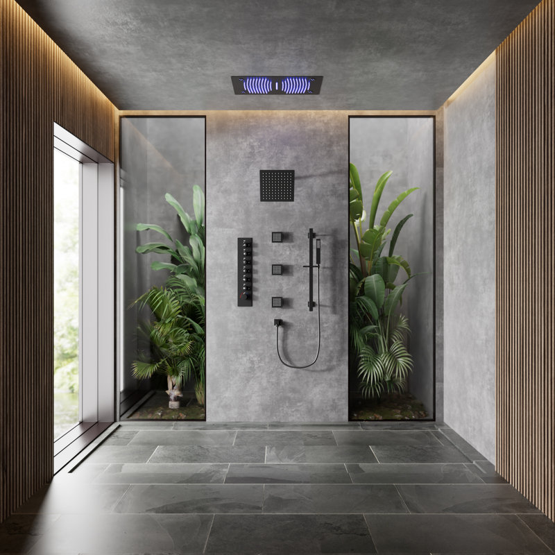  LED Bluetooth Thermostatic Shower System, Ceiling Mount Rainfall Shower Head with with Handheld Shower, Matte Black