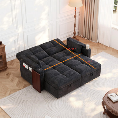 Canapé-lit convertible de 66 po avec table d'appoint pivotante, canapé-lit en chenille pour le salon, canapé-lit avec espace de rangement caché, port de charge, porte-gobelets