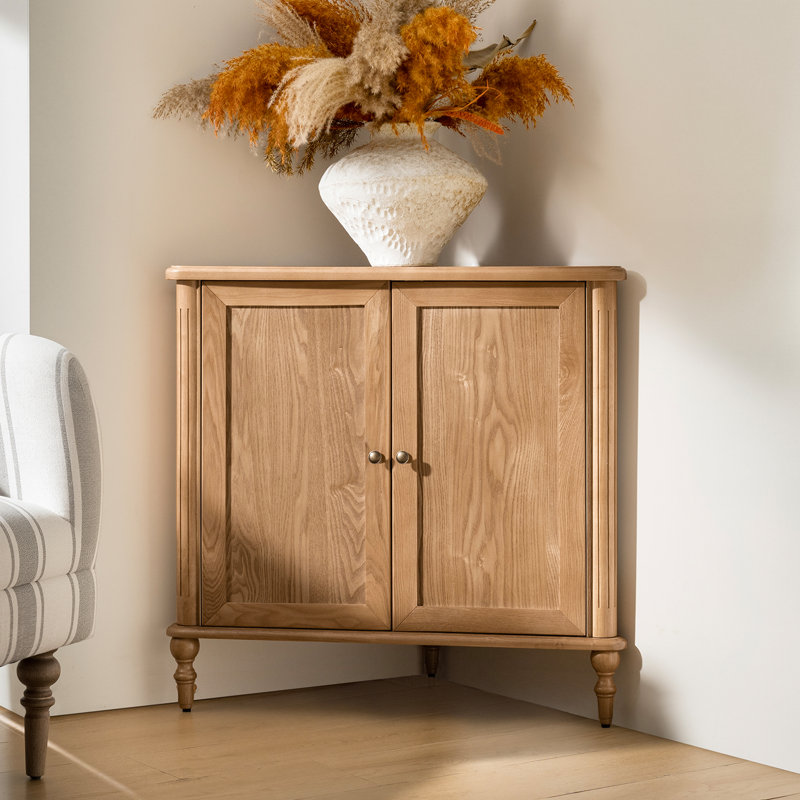 Barra Transitional 32"H 2-Door Corner Cabinet with Adjustable Shelves and Cable Management, Oak
