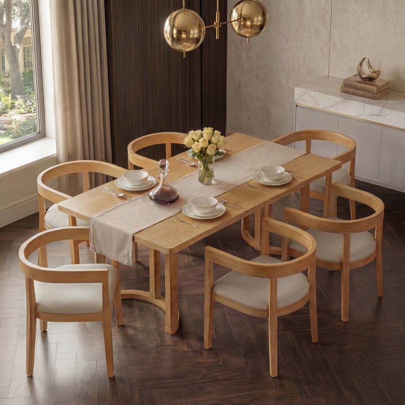 Ensemble de salle à manger élégant 7 pièces avec chaises en tonneau rembourrées et table en bois, Naturel