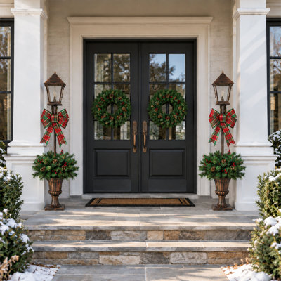 2-Pack Pre-Lit Farmhouse Christmas Porch Lamp Post Decor with Warm White LED Lantern Lights, Tartan Plaid Bow, Pinecones & Red Berries, Vintage Urn Base for Front Entryway Holiday Decoration