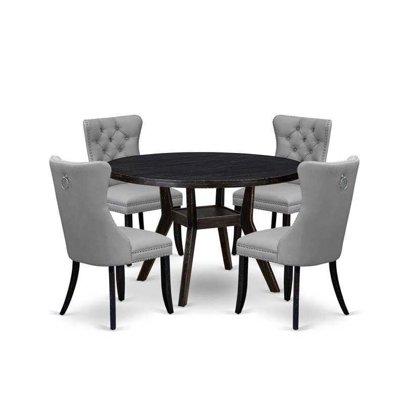 Ensemble de table de salle à manger 5 pièces comprenant une table ronde de 48 po avec piédestal et 4 chaises Parson en polyester gris clair, noir sablé
