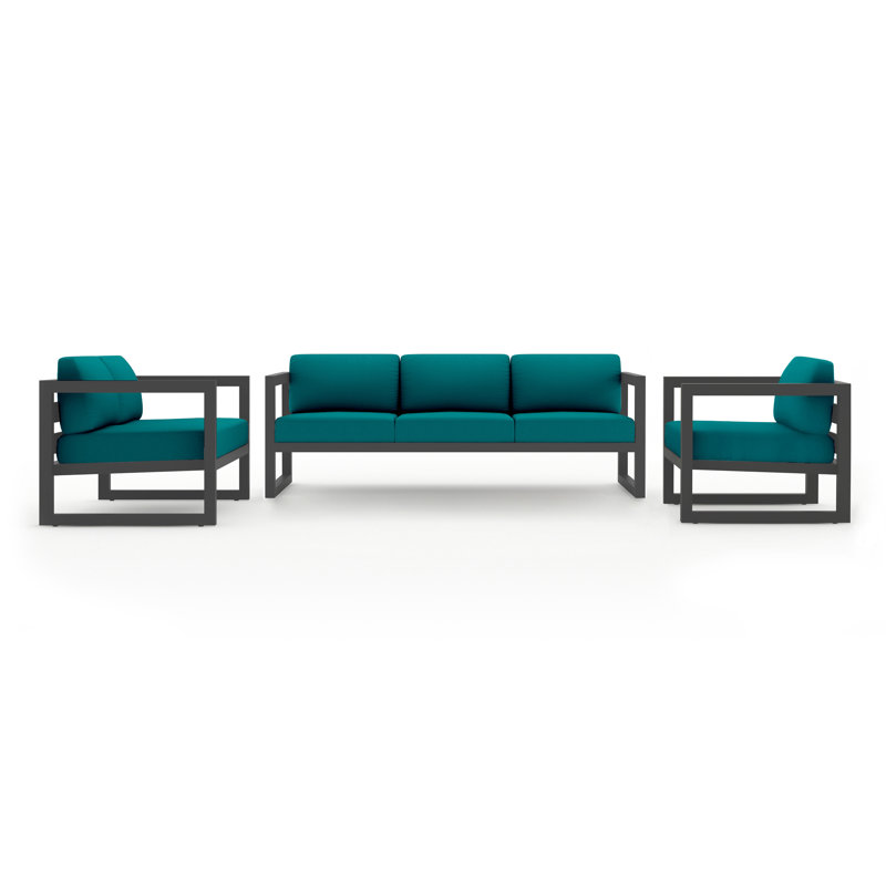 Avion 3 Piece Sofa Loveseat Set, Spectrum Peacock Sunbrella® Plainweave, Slate