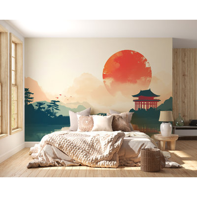 Papier peint paysage de coucher de soleil japonais - Style zen minimaliste avec temple, pont, montagnes et soleil rouge, murale sereine pour le salon ou l'espace de méditation