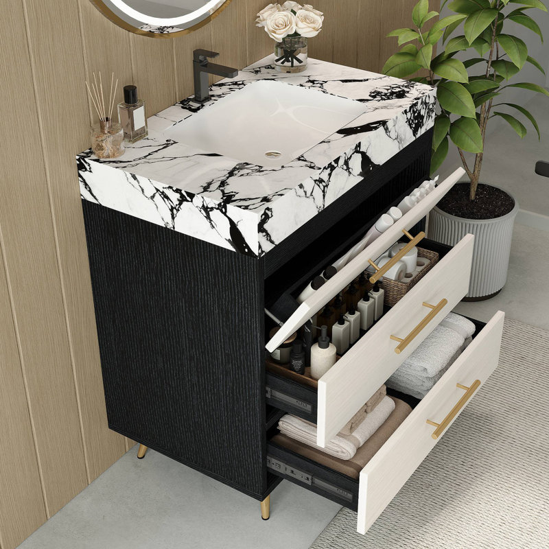 Meuble-lavabo autoportant moderne avec lavabo vasque en céramique et plateau en pierre frittée durable, Noir / blanc