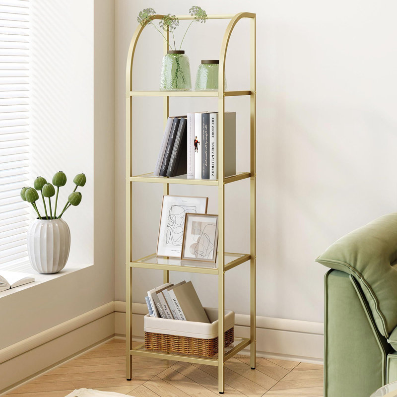 4-Tier Bookcase Bookshelf,Gold Finish Arched Glass Bookcase