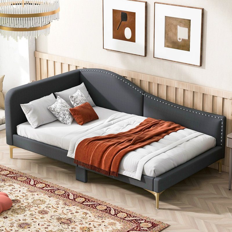 Lit de jour simple tapissier avec tête de lit et accoudoirs, pieds de support, gris, Grey