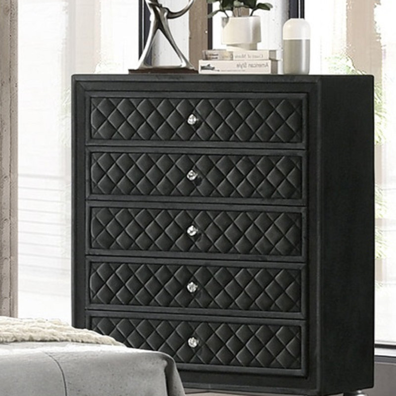 Commode à 5 tiroirs en velours capitonné 1 pièce Traditional Glam
