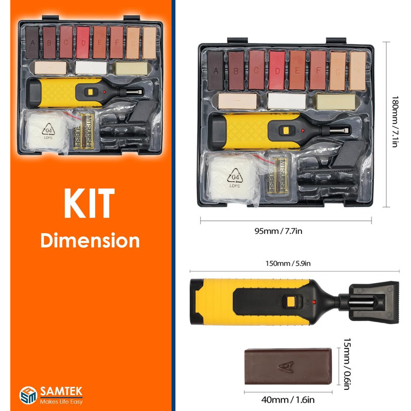 19Pcs Laminate floor repair kit, Furniture Repair Kit, Wax Heating repair Gun for Wax Laminate vinyl PVC Worktop Flooring repair 11 Colors Wax Blocks Chips Remover, Damaged Laminate Vinyl Floor Repair