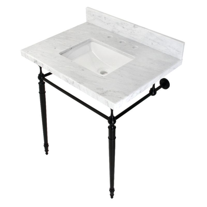 Kingston Brass Edwardian 30-Inch Carrara Marble Console Sink with Brass Legs (8-Inch, 3-Hole), Marble White/Matte Black