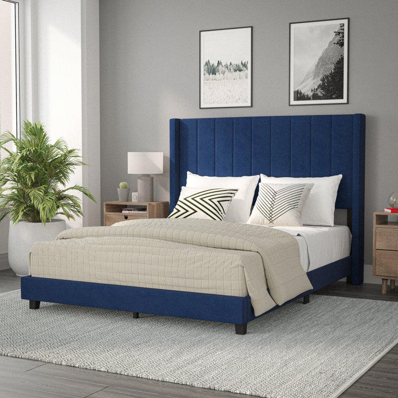 Upholstered Platform Bed with Vertical Stitched Wingback Headboard, Slatted Mattress Foundation, Queen, Navy