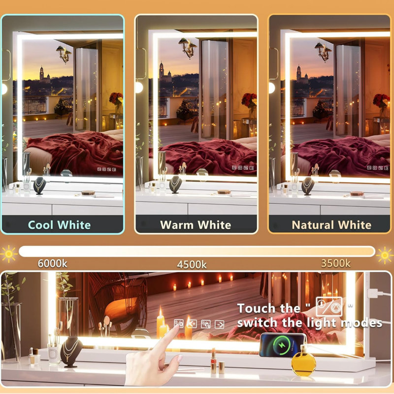 Miroir de maquillage 40 po x 29,5 po à DEL avec haut-parleur Bluetooth, 3 modes de couleur à intensité variable, port de charge USB, écran tactile, fixation murale ou de table, finition blanche