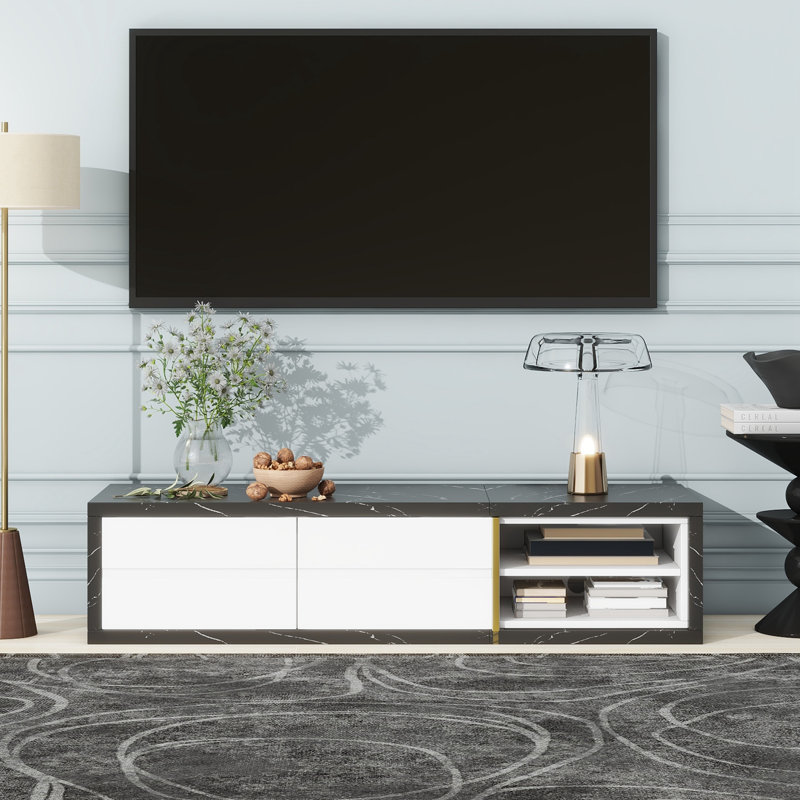Meuble télé extensible de 51 à 98,4 po pour téléviseur de 100 po ou moins, avec 2 tiroirs et 4 tablettes, Noir / blanc