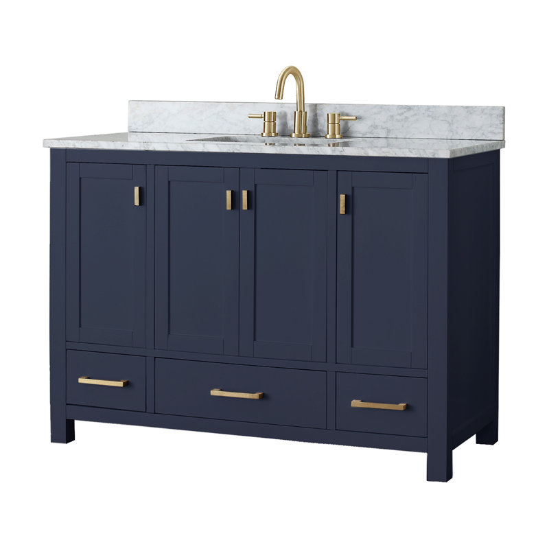 Modero 48" Single Bathroom Vanity with Top, Carrera White Marble, Gold, Navy Blue