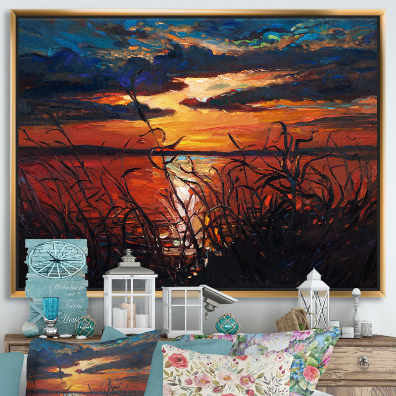 Coucher de soleil romantique par Lakeside - reproduction d'art sur toile, H 24 po x l 32 po x P 1 po, Toile encadrée d'or