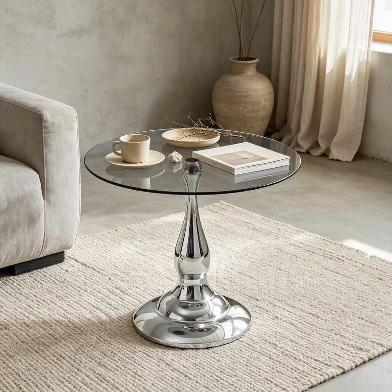Table d'appoint moderne en métal argenté, plateau rond en verre trempé gris translucide de 50 cm (19,6 po), piètement en forme de vase, idéale pour le salon, la chambre ou la terrasse.