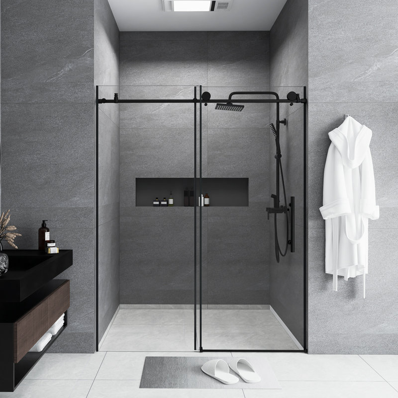 56-60 "W X 76" H Frameless Shower Door | Single Sliding | 1/4 Inch Transparent Tempered Glass With Explosion Proof Film | Stainless Steel Handle | Matte Black