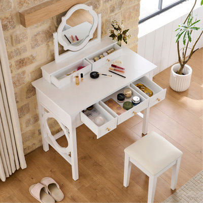 Coiffeuse compacte avec miroir réversible, coiffeuse avec tabouret, coiffeuse compacte pour petits espaces, blanc