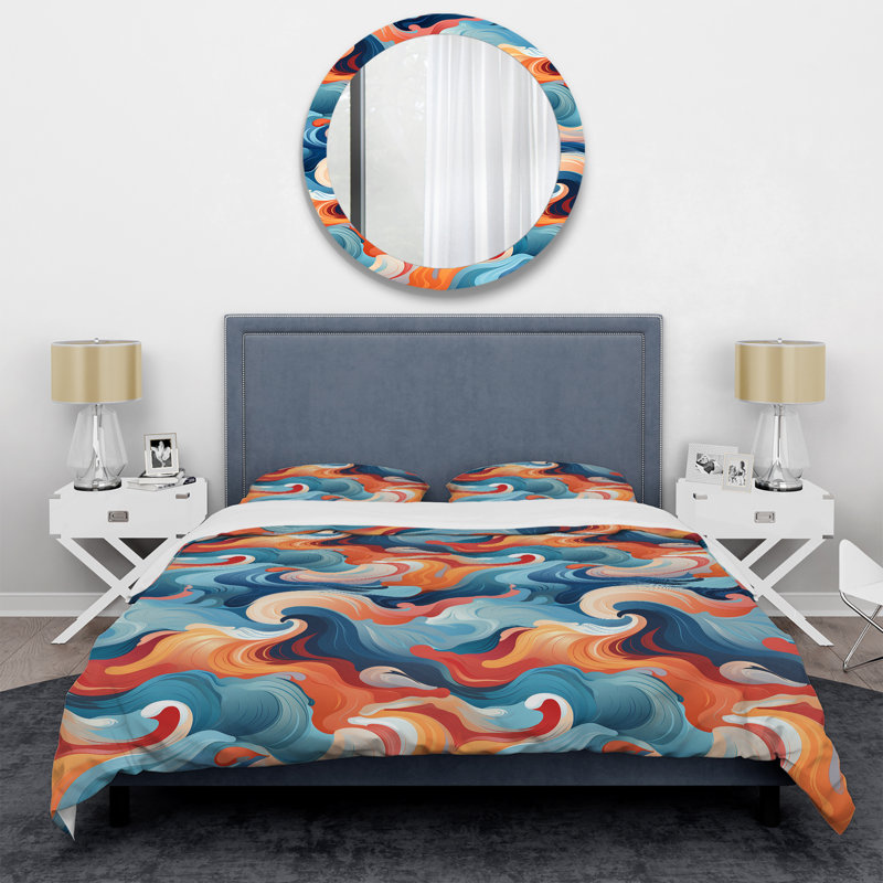 Literie Harmony III bleu et orange, Housse de couette pour grand lit et 2 taies décor