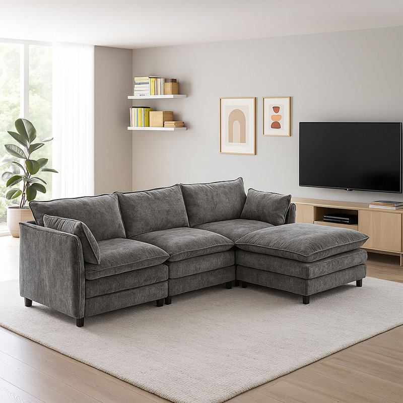 112'' Modular Chenille L-Shaped Sectional Sofa – Space-Saving Corner Seating, Light Gray Chenille