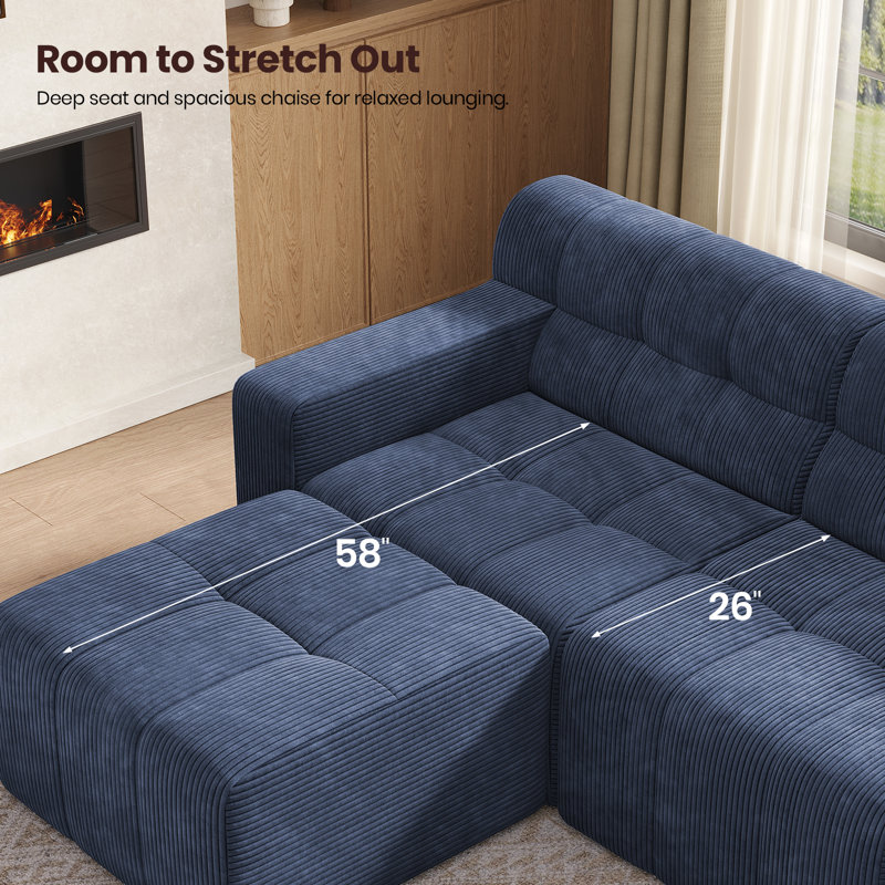  113.4" Cloud Modular Sofa with Ottoman, Deep Seat Corduroy Couch for Living Room, No Assembly Required, Blue