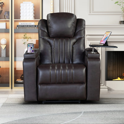 Fauteuil de cinéma inclinable électrique en polyuréthane avec appui-tête réglable, dispositif de charge sans fil, port USB, accoudoirs de rangement, porte-gobelet et plateau pivotant pour le salon