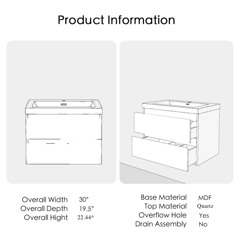 Angela 30-Inch Floating Bathroom Vanity In Grey Oak With Matte Black Quartz Top, Rose Wood