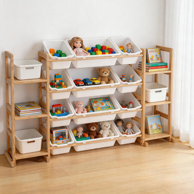Toy Storage Organizer, Extra Large WoodenToy Storage, with 6 Side Shelves and 12 Bins, 3 -in-1 Bookshelf for Bedroom Playroom, Nursery, Wood Kids Toy