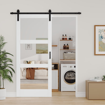 3-Lite 𝗗𝗼𝘂𝗯𝗹𝗲-𝘀𝗶𝗱𝗲𝗱 𝗠𝗶𝗿𝗿𝗼𝗿 Glass Barn Door Sliding Solid Manufactured Wood Interior Doors with Hardware Kit