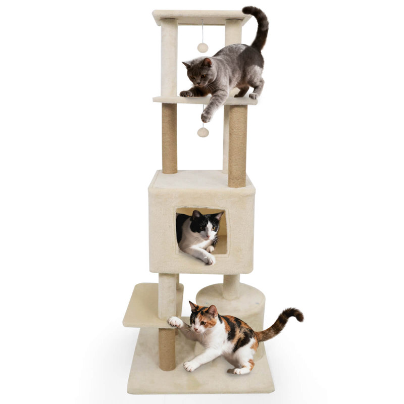 Arbre à chat 64 po avec 2 grands condos, poteaux à griffer en jute et perchoir supérieur beige, Beige