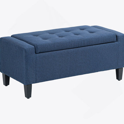 Storage Ottoman, Linen Upholstered Storage Bench With Lift Top And Button Tufted For Living Room, Dark Blue