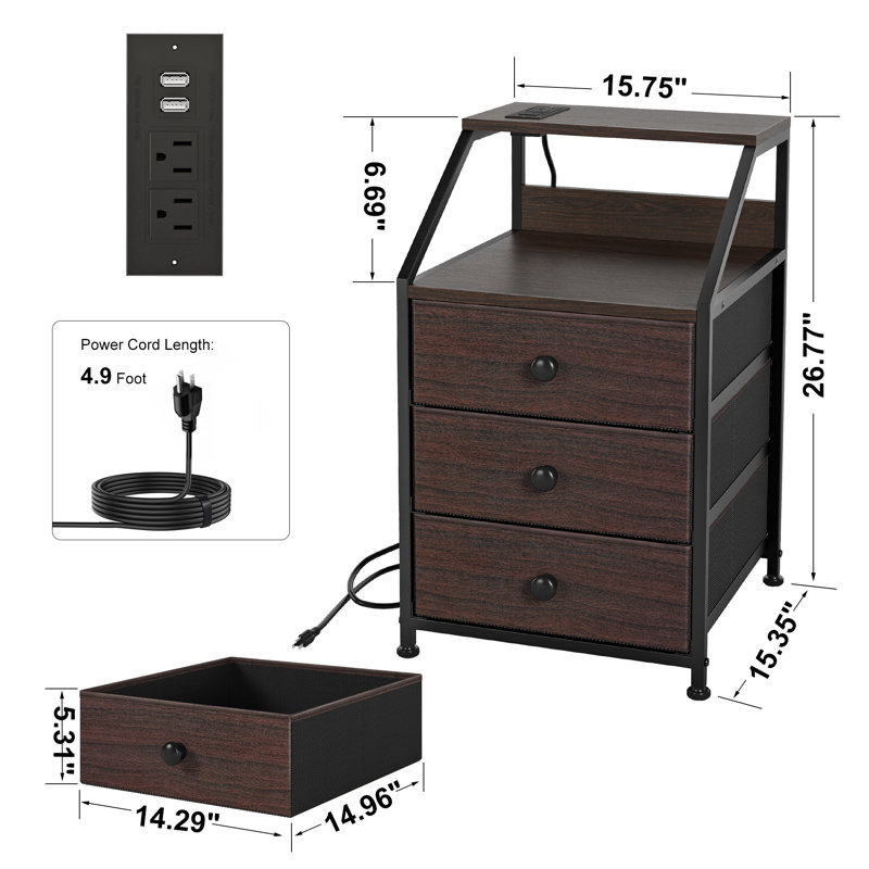 Travison Nightstands with 3 Drawers & Outlets, Bedside Tables with 2 USB Ports & 2-Tier Open Shelf, Brown