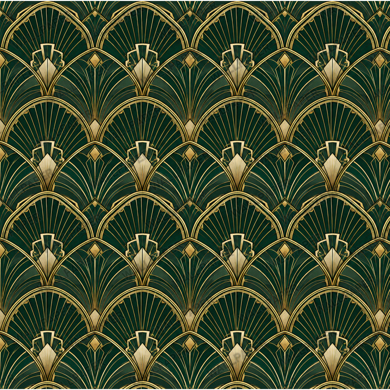 Papier peint à motif géométrique Art déco vert émeraude en forme d'éventail, L 180 x L 100, Non tissé