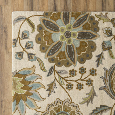 Elsberry Floral Hand-Tufted Wool Demin/Light Gray/Tan Area Rug