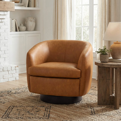 Upholstered Light Brown Faux Leather Swivel Barrel Chair Recessed Arms With Solid Wood Base