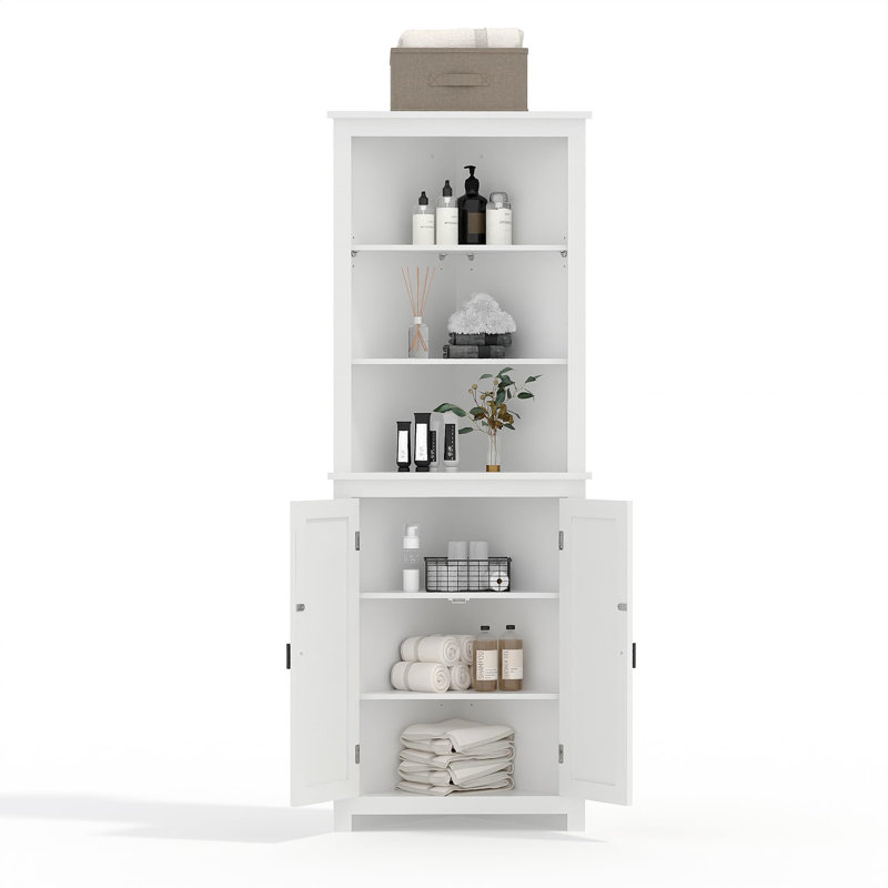 Grande armoire de rangement en coin Farmhouse avec portes de grange, tablettes réglables, armoire d'angle peu encombrante pour la salle de bain, la cuisine et le salon