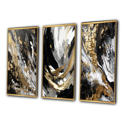 Wild Wave Bliss Abstract Gold White Black - Abstract Painting Art Set Of 3 Pieces