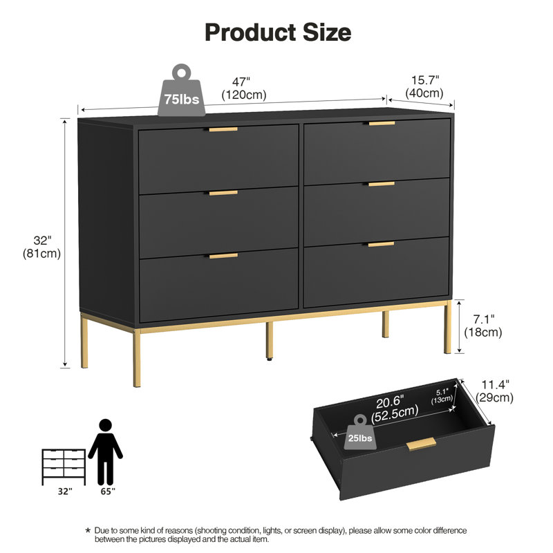 Alynia 6 - Drawer Dresser 47 '' W Double Dresser Black Bedroom Dresser