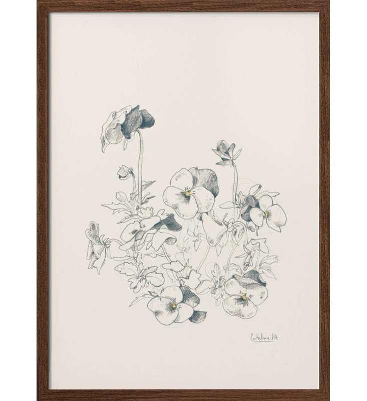 "Pansies praying dessin", art mural texturé encadré, H 40 po x l 30 po, Noyer
