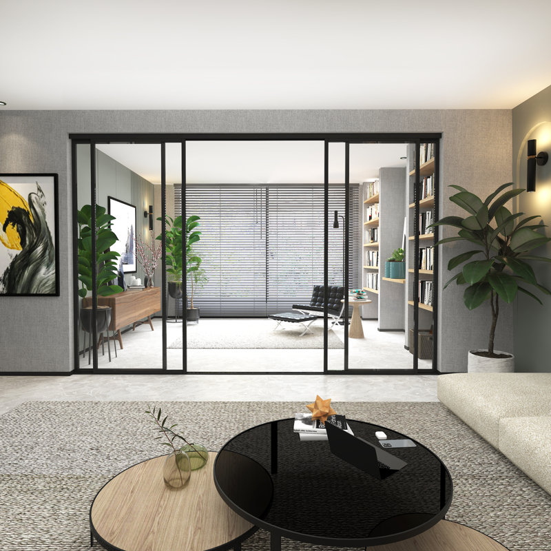 Cloison 4 panneaux coulissants en verre transparent - structure en aluminium avec technologie Silent Glide, 120 po x 96 po