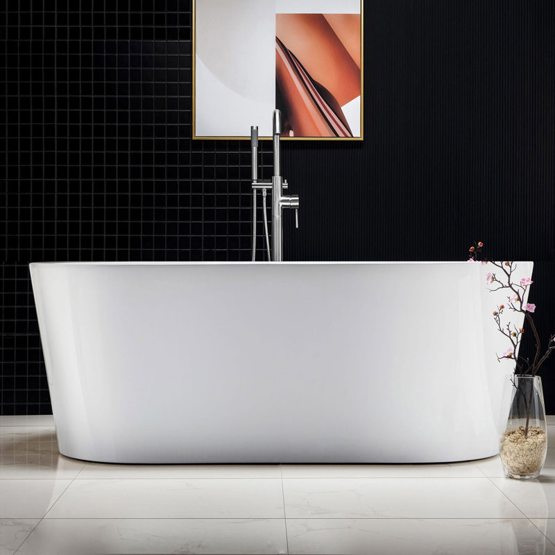 59" x 30" Freestanding Soaking Acrylic Double Ended Bathtub with Wide Rim, Chrome