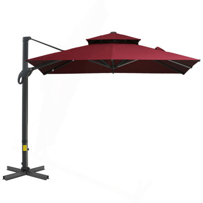 Outsunny 10Ft Offset Patio Umbrella, Hanging Cantilever Umbrella, Square Shape, Aluminum Cross Base, Tilt, 360-Degree Rotation, Red